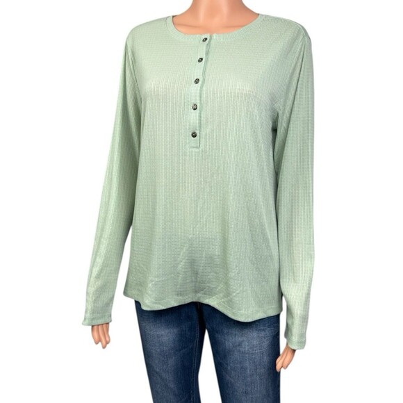 GH Bass Womens Large Light Green Shirt Top Textured Henley Long Sleeve T-Shirt - Picture 3 of 9